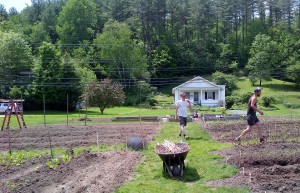 Chris N & Charles plan and gather tools to build a pea trellis 
