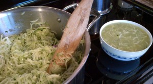 I sauteed the shallots and garlic, then added the zucchini to the pot. It emitted two large bowlfuls of liquid, which I froze as "Zucchini Stock" for a future soup or stew