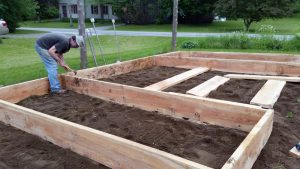 This area had been covered with black plastic to prevent weeds. This day, gardeners uncovered it, tilled the earth, and built the raised beds in place.