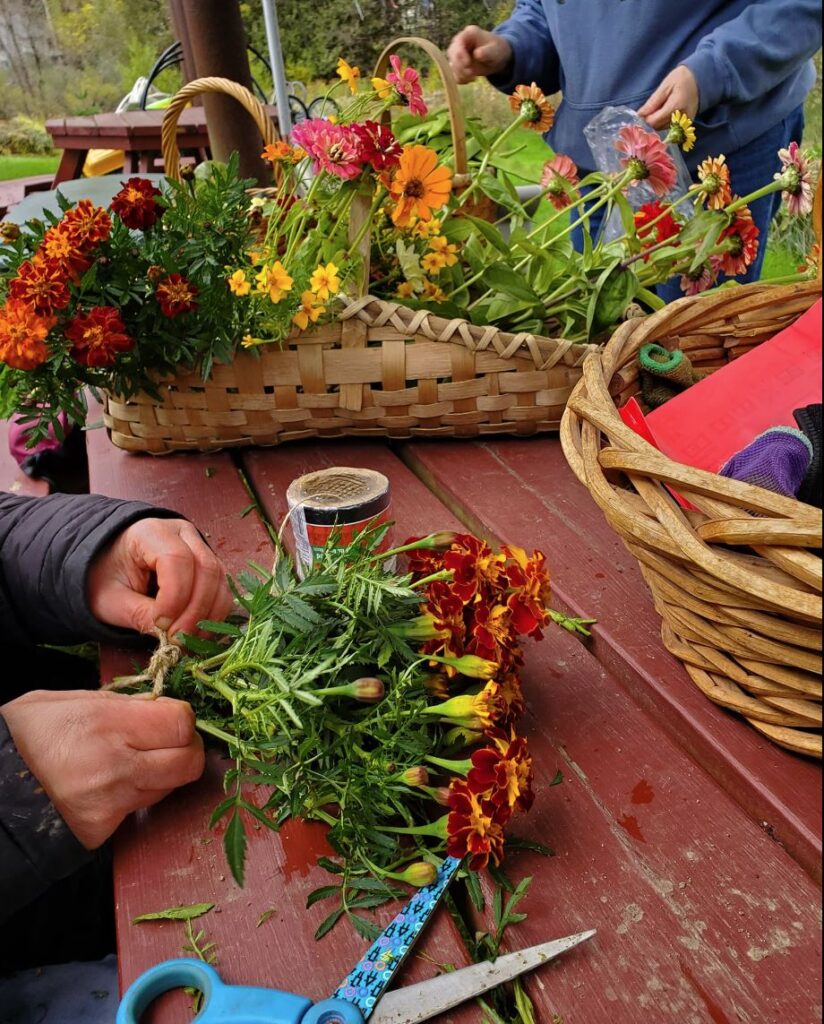 Photo shows hands tying a bunch of flowers together in the foreground and a basket of flowers in the background, on a picnic table