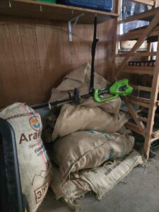 Coffee bags stuffed into four coffee bags in a garage